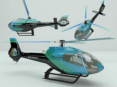Three Modern Teal and Black Helicopters with Sleek Aerodynamic Fuselage and Rotors 3d model