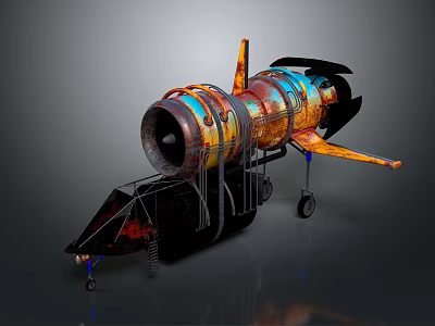 Vintage Space Rocket With Rustic Design Orange Blue Stripes On Wheeled Stand 3d model
