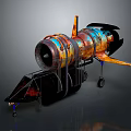 Vintage Space Rocket With Rustic Design Orange Blue Stripes On Wheeled Stand