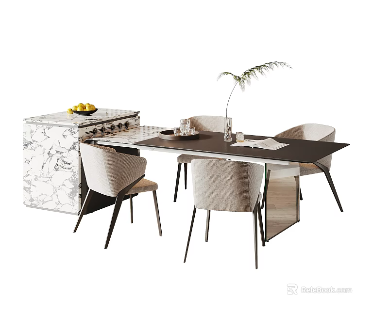 Modern Dining Table Set With Beige Chairs Marble Cabinet And Decorative Plants Fruits 3d model 