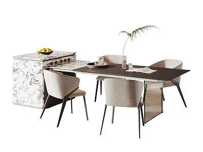 Modern Dining Table Set With Beige Chairs Marble Cabinet And Decorative Plants Fruits 3d model