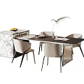 Modern Dining Table Set With Beige Chairs Marble Cabinet And Decorative Plants Fruits