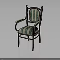 Wooden Frame Chair With Green And White Striped Upholstery And Decorative Armrests