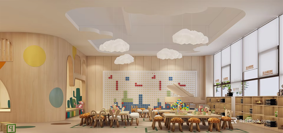 Bright Kindergarten Interior With Cloud Pendant Lights Colorful Block Wall And Wooden Kids Furniture 3d model 