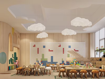 Bright Kindergarten Interior With Cloud Pendant Lights Colorful Block Wall And Wooden Kids Furniture 3d model