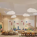 Bright Kindergarten Interior With Cloud Pendant Lights Colorful Block Wall And Wooden Kids Furniture