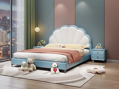 Kids Room With Blue And White Scalloped Headboard Bed Yellow Brown Bedding Teddy Bears And Plush Toys 3d model