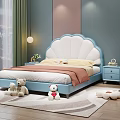 Kids Room With Blue And White Scalloped Headboard Bed Yellow Brown Bedding Teddy Bears And Plush Toys