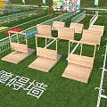 Outdoor Sports Field With Green Lawn Colorful Track Obstacles Blue Canopies And Decorative Arch