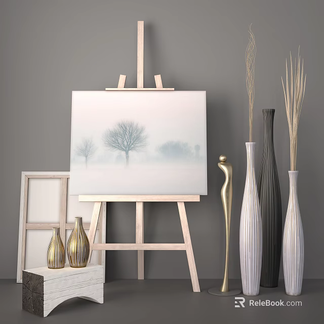 Artistic Painting Supplies Setup With Easel Canvas Frame And Decorative Vases 3d model 