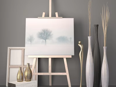 Artistic Painting Supplies Setup With Easel Canvas Frame And Decorative Vases 3d model