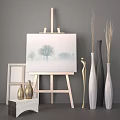 Artistic Painting Supplies Setup With Easel Canvas Frame And Decorative Vases