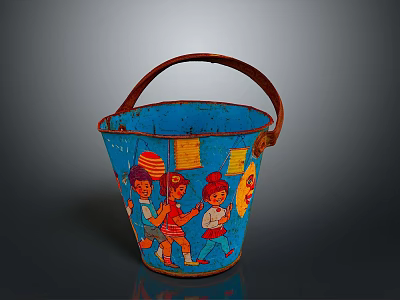 Blue Decorative Bucket With Brown Handle And Colorful Children Illustrations 3d model