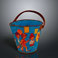 Blue Decorative Bucket With Brown Handle And Colorful Children Illustrations