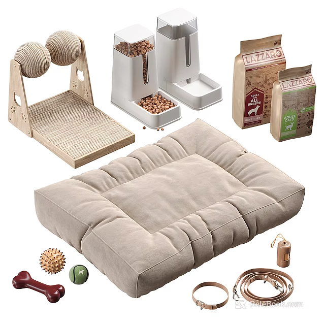 Comfortable Beige Pet Bed With Wooden Scratcher Automatic Feeder Food Bags And Toys 3d model 