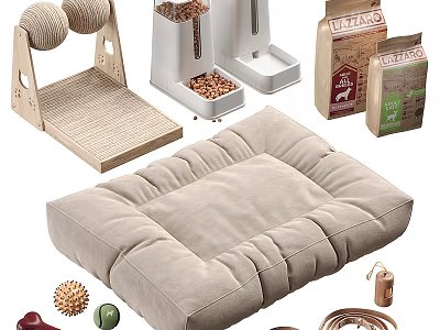Comfortable Beige Pet Bed With Wooden Scratcher Automatic Feeder Food Bags And Toys 3d model