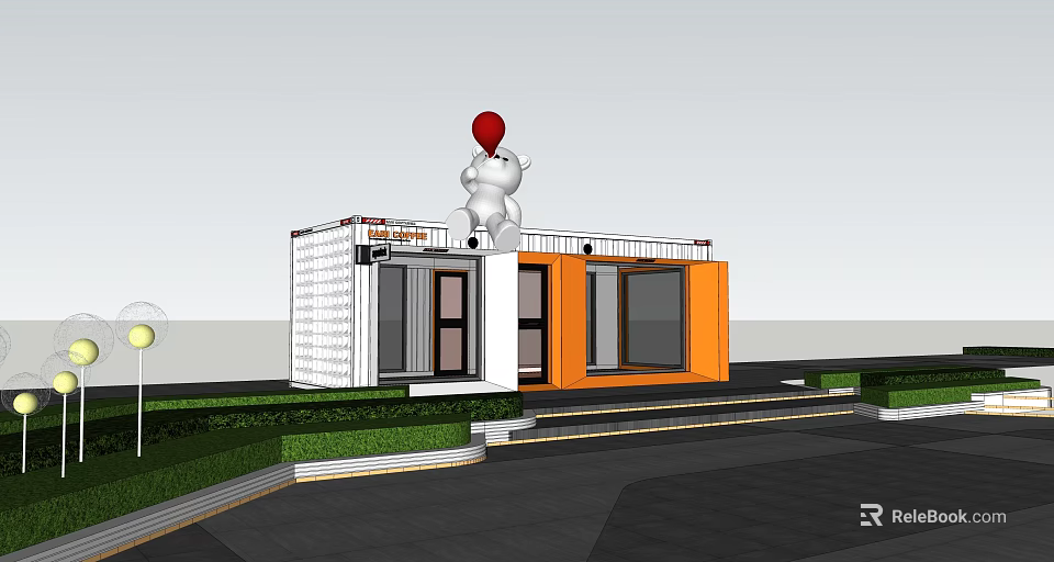 Two Story Orange And White Container Building With Lawn Steps And White Bear On Roof 3d model 