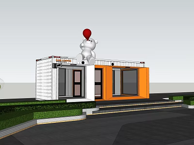 Two Story Orange And White Container Building With Lawn Steps And White Bear On Roof 3d model