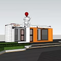 Two Story Orange And White Container Building With Lawn Steps And White Bear On Roof