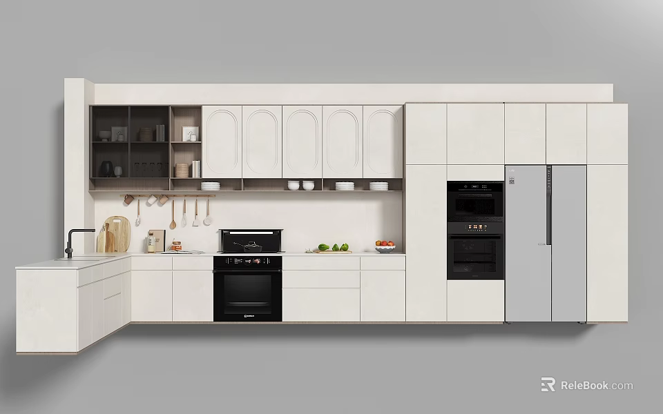 Modern Kitchen With White Cabinets Black Oven Refrigerator Hanging Utensils And Countertop 3d model 
