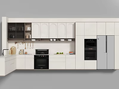 Modern Kitchen With White Cabinets Black Oven Refrigerator Hanging Utensils And Countertop 3d model