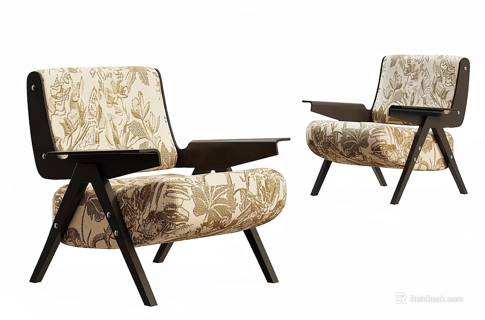 Stylish Accent Leisure Chair With Floral Pattern Fabric And Black Wooden Frame 3d model 