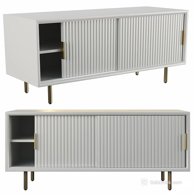 Modern White Decorative Cabinet With Golden Handles Vertical Slat Doors And Open Shelf 3d model 