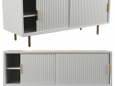 Modern White Decorative Cabinet With Golden Handles Vertical Slat Doors And Open Shelf 3d model