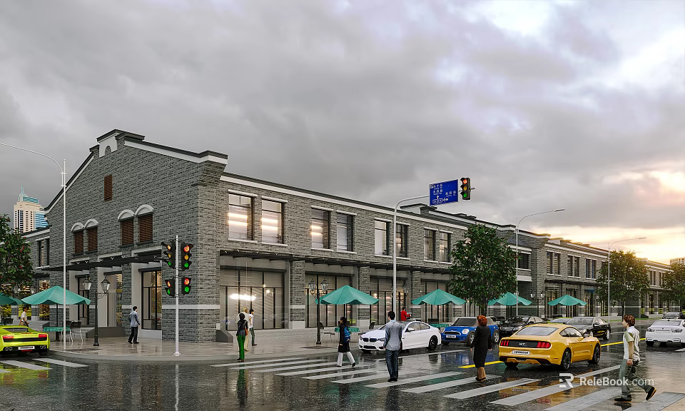 Vibrant Commercial Street With Gray Brick Buildings Pedestrians Green Umbrellas Traffic Lights And Wet Road 3d model 