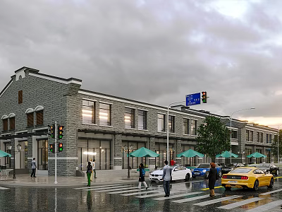 Vibrant Commercial Street With Gray Brick Buildings Pedestrians Green Umbrellas Traffic Lights And Wet Road 3d model