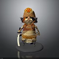 Cute Samurai Cat Standing in Traditional Costume With Decorated Helmet and Sword on Platform