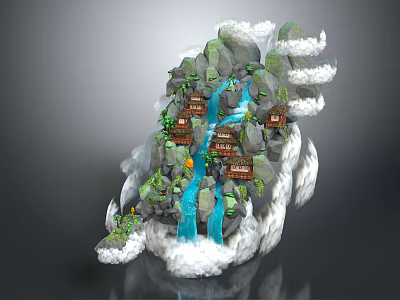 Traditional Thatched Roof Houses Amid Mountain Waterfall Clouds and Lush Green Vegetation 3d model