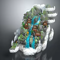 Traditional Thatched Roof Houses Amid Mountain Waterfall Clouds and Lush Green Vegetation