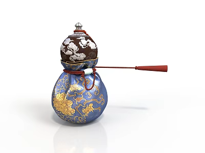 Traditional Gourd Shaped Sculpture With Blue Gold Patterns Brown Top And Red Ribbon 3d model