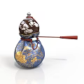 Traditional Gourd Shaped Sculpture With Blue Gold Patterns Brown Top And Red Ribbon