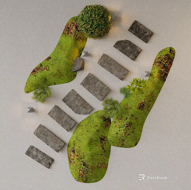 Natural Stone Stepping Stones Path With Green Grass And Small Plants In Garden Landscape 3d model 