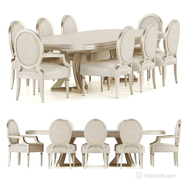 Modern Light Colored Dining Table Set With Upholstered Chairs And Slender Legs 3d model
