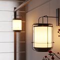 Wall Mounted Japanese Lantern Pendant Lights With Black Metal Frame White Lampshade And Red Flower Branches