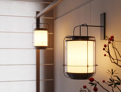 Wall Mounted Japanese Lantern Pendant Lights With Black Metal Frame White Lampshade And Red Flower Branches 3d model