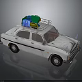 Vintage White Car Featuring Roof Rack With Colorful Luggage Bags
