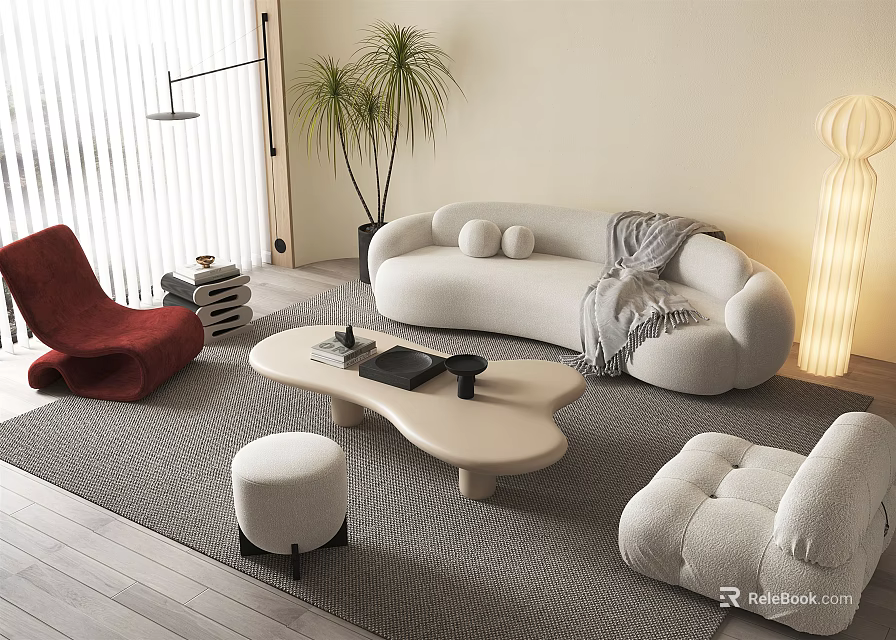 Modern Living Room Sofa And Coffee Table Set With Red Armchair Floor Lamp And Potted Plant 3d model 