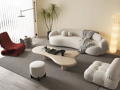 Modern Living Room Sofa And Coffee Table Set With Red Armchair Floor Lamp And Potted Plant 3d model