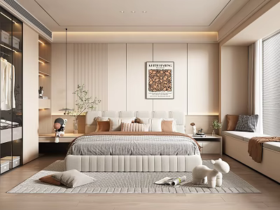 Modern Bedroom Interior Design With Upholstered Headboard Pillows Decorative Art Plant Wardrobe And Rug 3d model