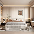 Modern Bedroom Interior Design With Upholstered Headboard Pillows Decorative Art Plant Wardrobe And Rug