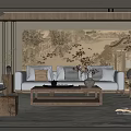 Traditional Chinese Living Room Interior With Landscape Painting Wall And Wooden Furniture