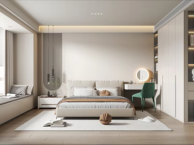 Modern Bedroom Interior With Bed Green Chair Dressing Table Mirror And Wardrobe 3d model