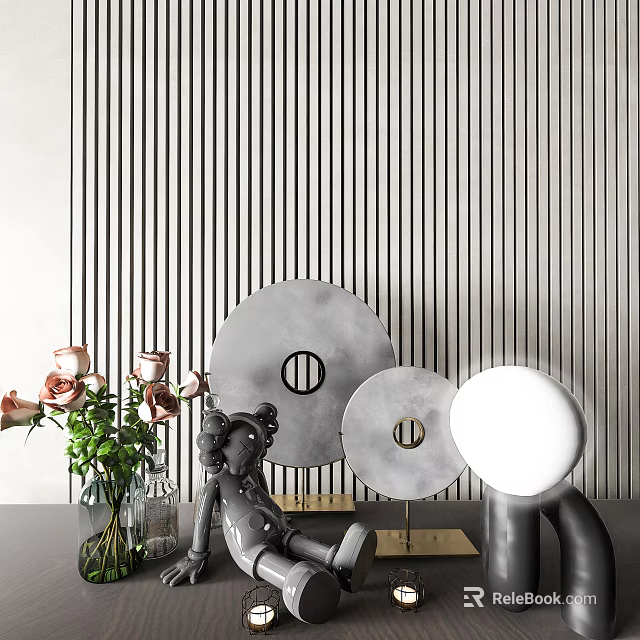 Modern Decorative Ornament Set With Round Metal Plates Rose Flowers Sculpture And Striped Wall 3d model 