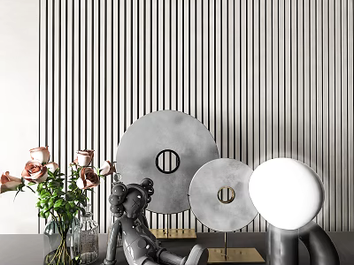 Modern Decorative Ornament Set With Round Metal Plates Rose Flowers Sculpture And Striped Wall 3d model