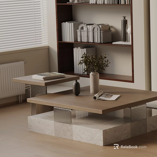 Modern Sofa and Coffee Table Set With Double Layer Design Magazines And Green Plant Decor 3d model 