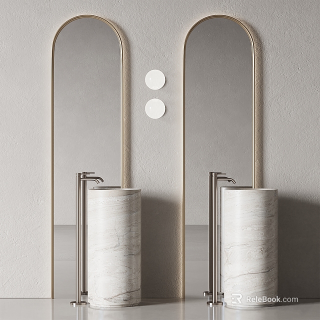Modern Double Marble Washbasin Design With Arched Mirrors And Chrome Faucets On Gray Wall 3d model 